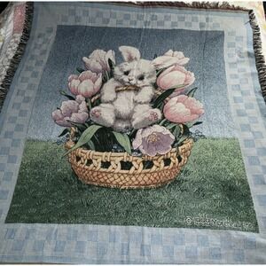 Vintage Woven Bunny Rabbit Tapestry Throw Blanket Fringe Easter Cottagecore
